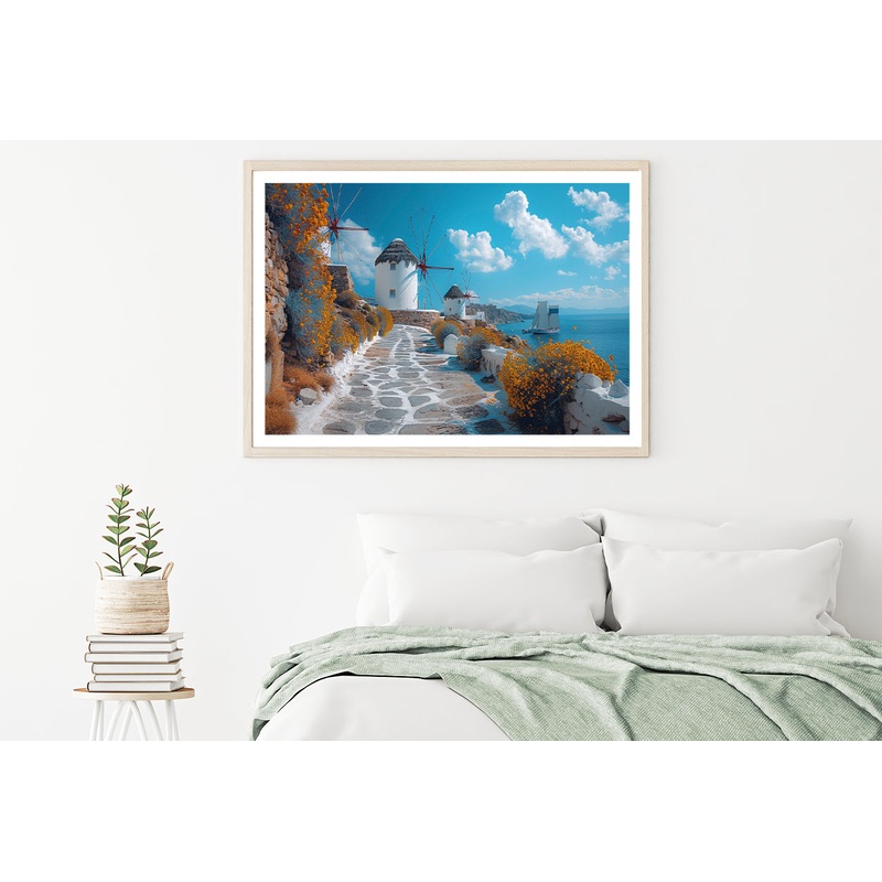 Path with a Boat & Buildings in Greece Home Decor Premium Quality Poster Print Choose Your Sizes