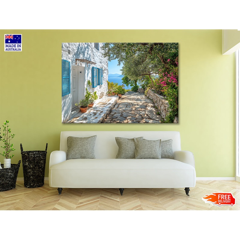 A White House with Blue Shutters and a Blue Door Print 100% Australian Made