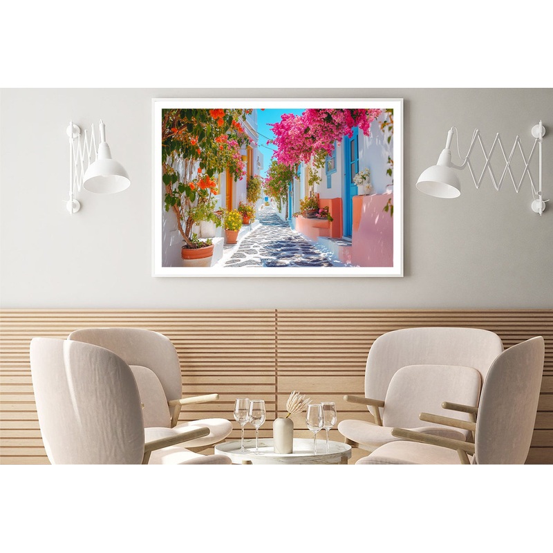 Beautiful Street with Flowers in Greece Home Decor Premium Quality Poster Print Choose Your Sizes