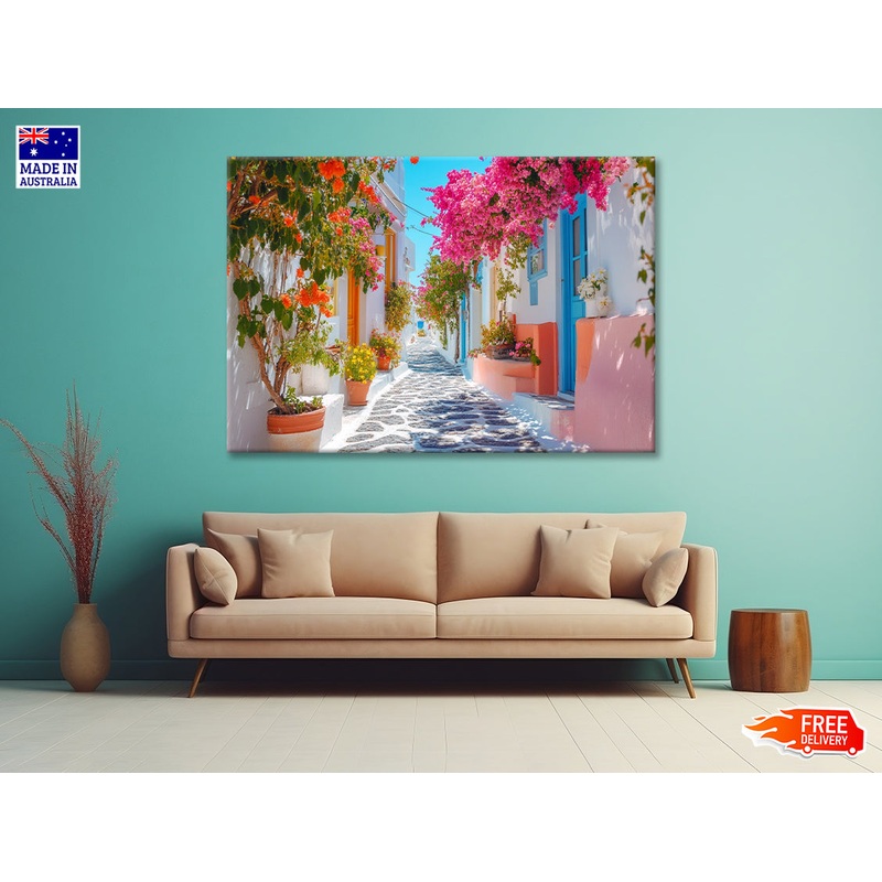 Beautiful Street with Flowers in Greece Print 100% Australian Made