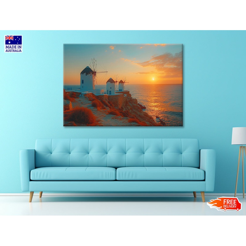 Buildings on a Rocky Shore, Sky In Greece Print 100% Australian Made