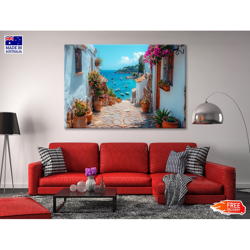 Stone Path with Potted Plants in Spain Print 100% Australian Made