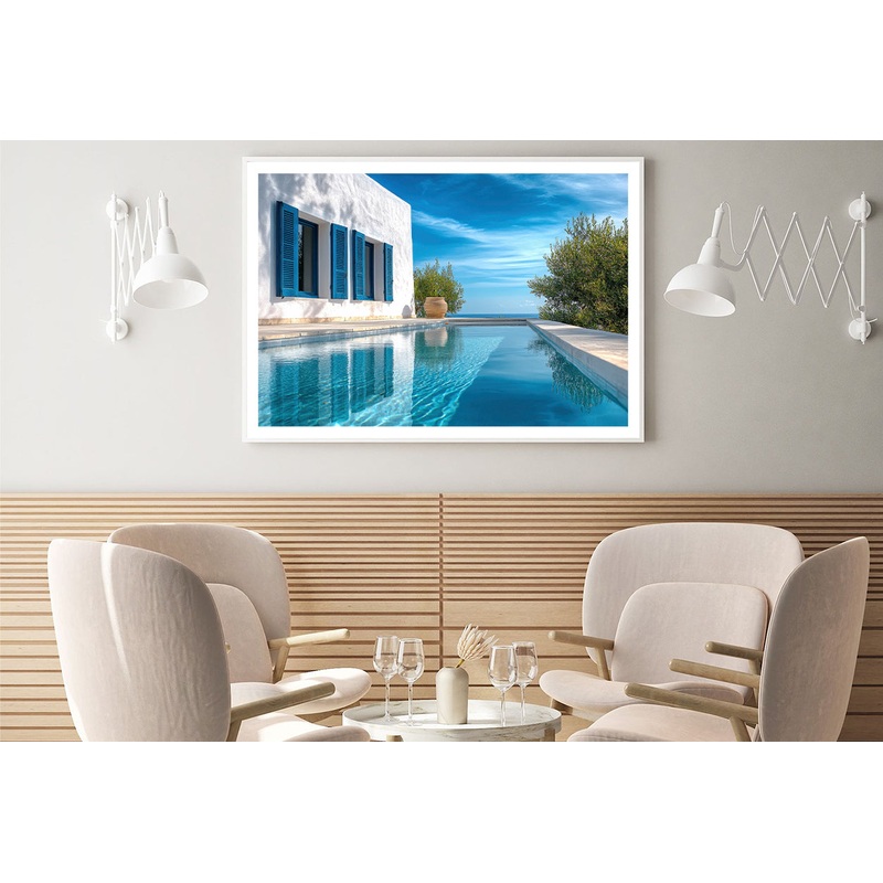 Swimming Pool with a House, Trees, Sky Home Decor Premium Quality Poster Print Choose Your Sizes
