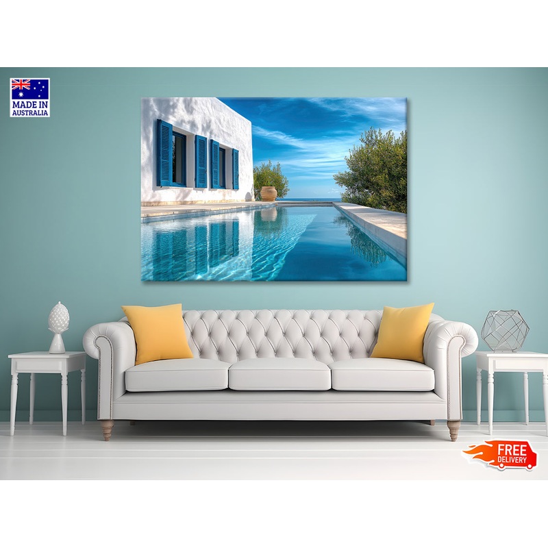 Swimming Pool with a House, Trees, Sky Print 100% Australian Made