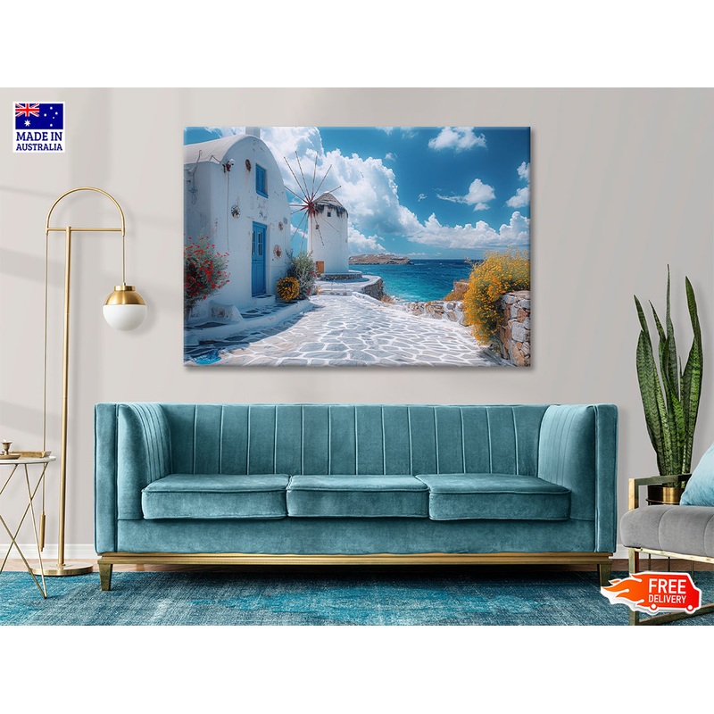 White Building, White Tower in Greece Print 100% Australian Made