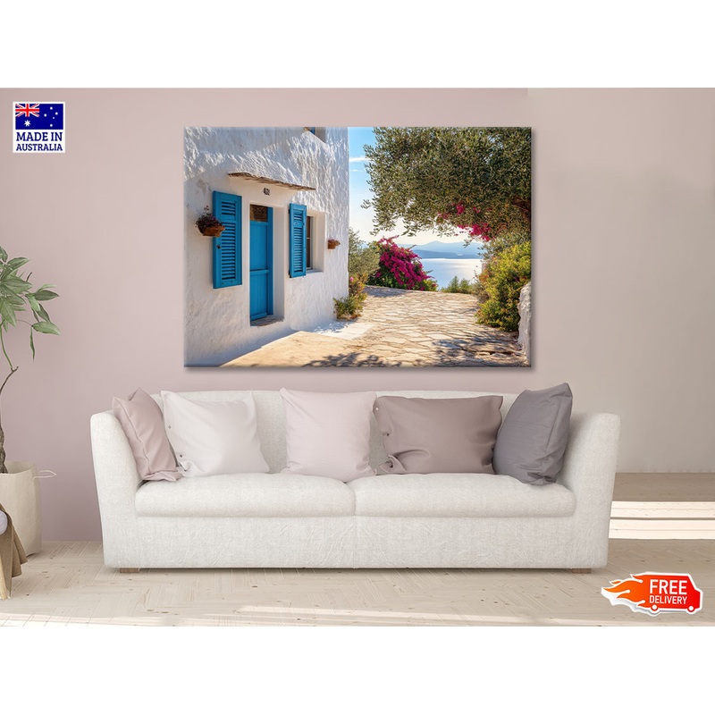 White Building with Blue Shutters Print 100% Australian Made