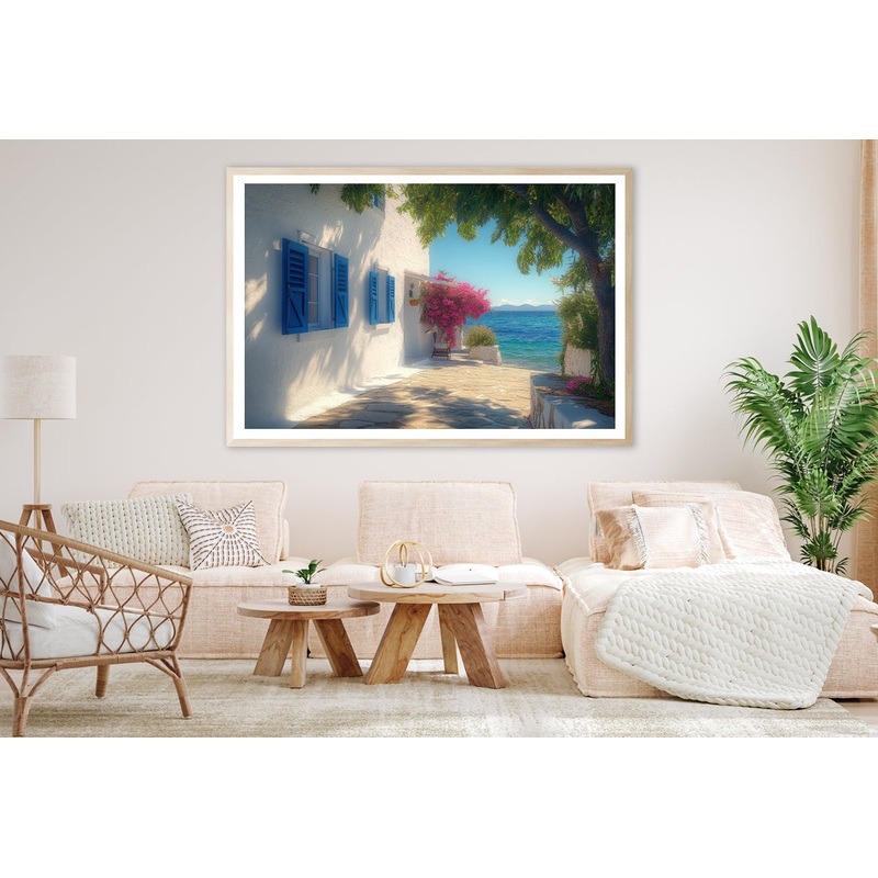 White Building with Blue Shutters, Trees Home Decor Premium Quality Poster Print Choose Your Sizes