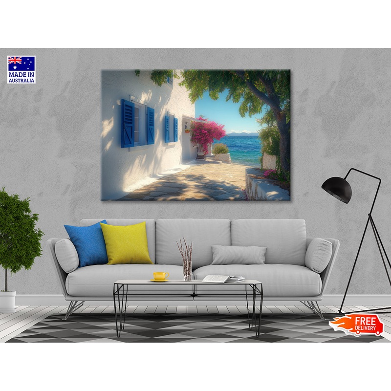 White Building with Blue Shutters, Trees Print 100% Australian Made