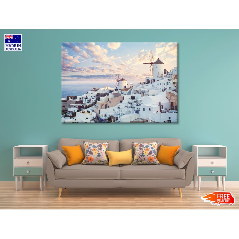 Wind Mills in Oia Town and Clouds Print 100% Australian Made