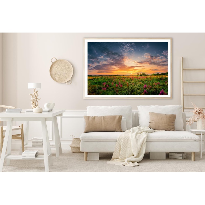 Sun Set Landscape with A Wild Field Full of Purple Flowers Home Decor Premium Quality Poster Print Choose Your Sizes