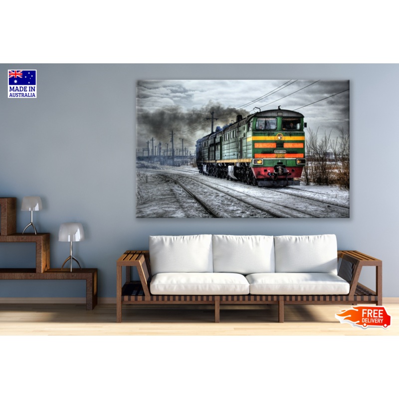 Train with smoke in Winter Photograph Print 100% Australian Made