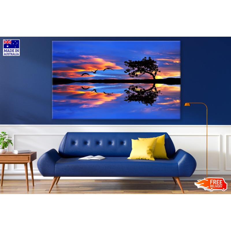 Tree, Bird Reflection on Lake Sunset Photograph Print 100% Australian Made