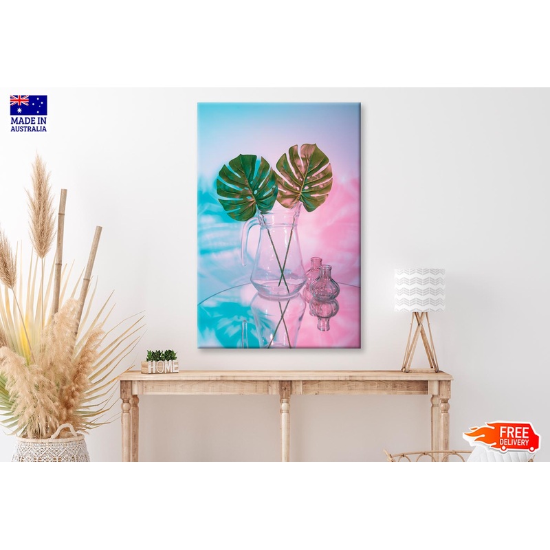 Two Green Leaves in A Clear Vase on A Table Wall Art Decor 100% Australian Made