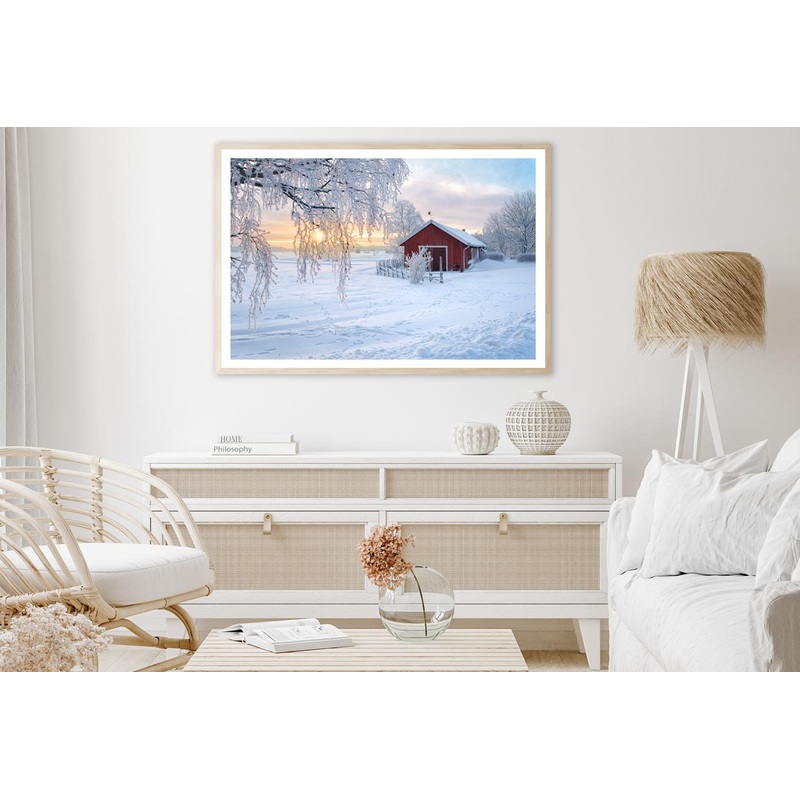 Winter View Of a Red Barn at Sunset in Rusko, Finland Home Decor Premium Quality Poster Print Choose Your Sizes