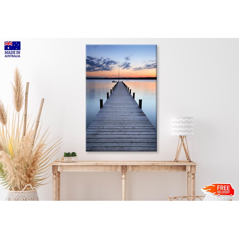 Wooden Pier On Lake & Sunset Sky View Wall Art Decor 100% Australian Made