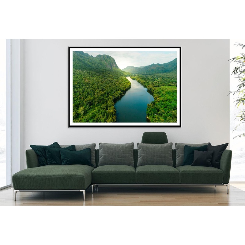 Aerial View Of River in Tropical Green Forest with Mountains in Background Home Decor Premium Quality Poster Print Choose Your Sizes