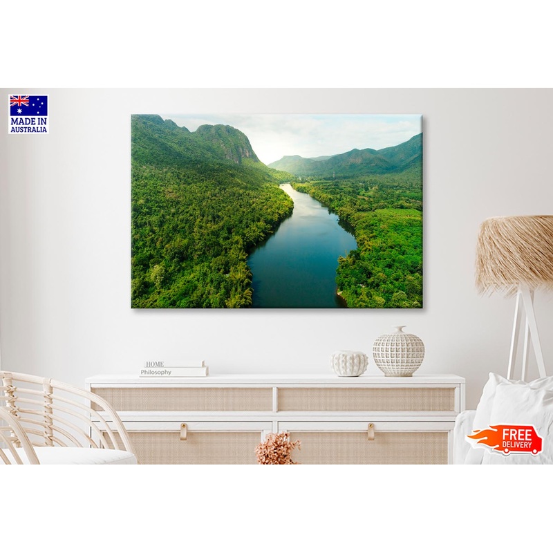 Aerial View Of River in Tropical Green Forest with Mountains in Background Wall Art Decor 100% Australian Made