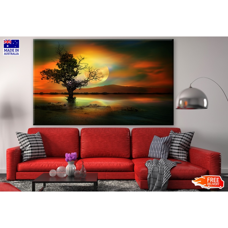 Alone Tree Under Red Moon Light Photograph Print 100% Australian Made