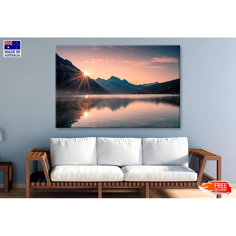 Sunrise On Mountain with Foggy in Medicine Lake at Jasper Wall Art Decor 100% Australian Made
