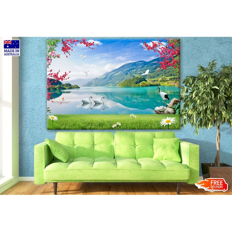 Swans on Lake Scenery View Print 100% Australian Made