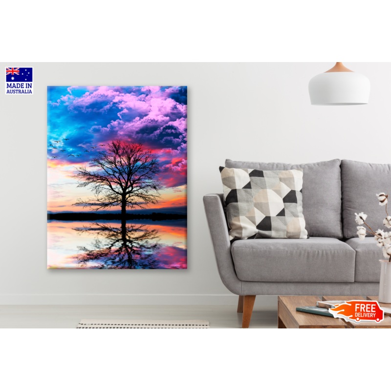 Tree in a Lake under Colourful Cloudy Sky Photograph Print 100% Australian Made