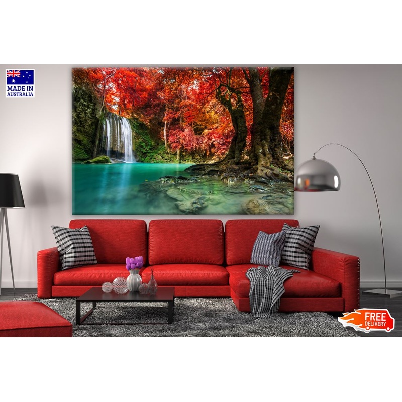 Waterfall & Red Leaves Tree Photograph Print 100% Australian Made