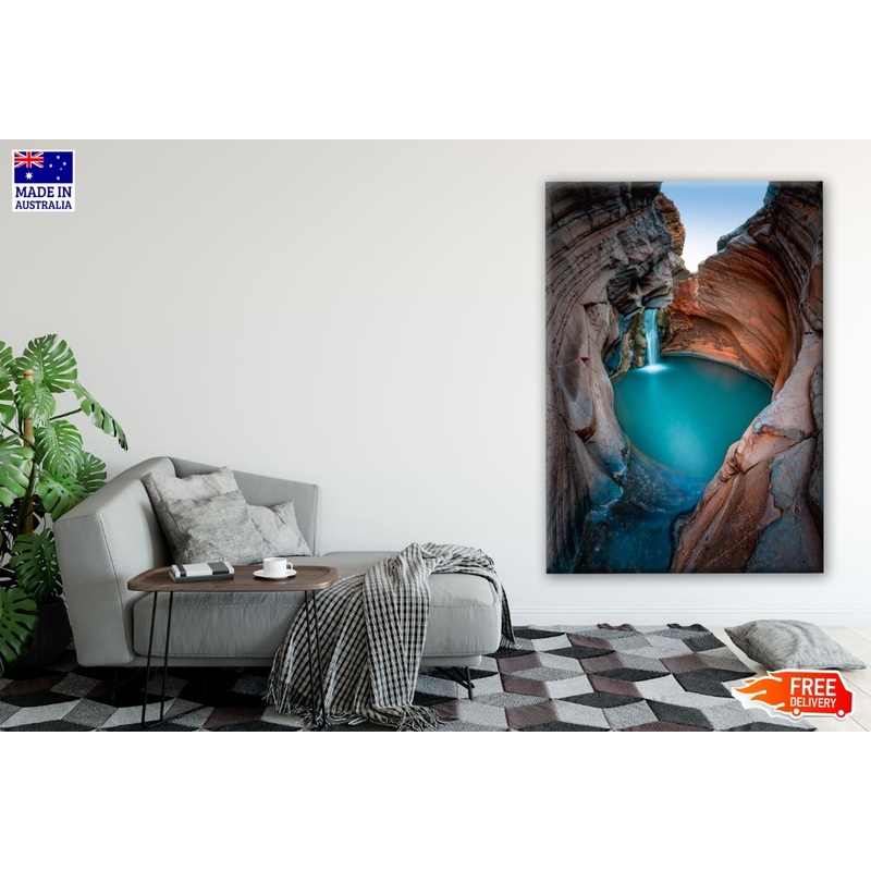 Beautiful Waterfall Flows into Natural Pool Surrounded by Red Rock Photograph Print 100% Australian Made