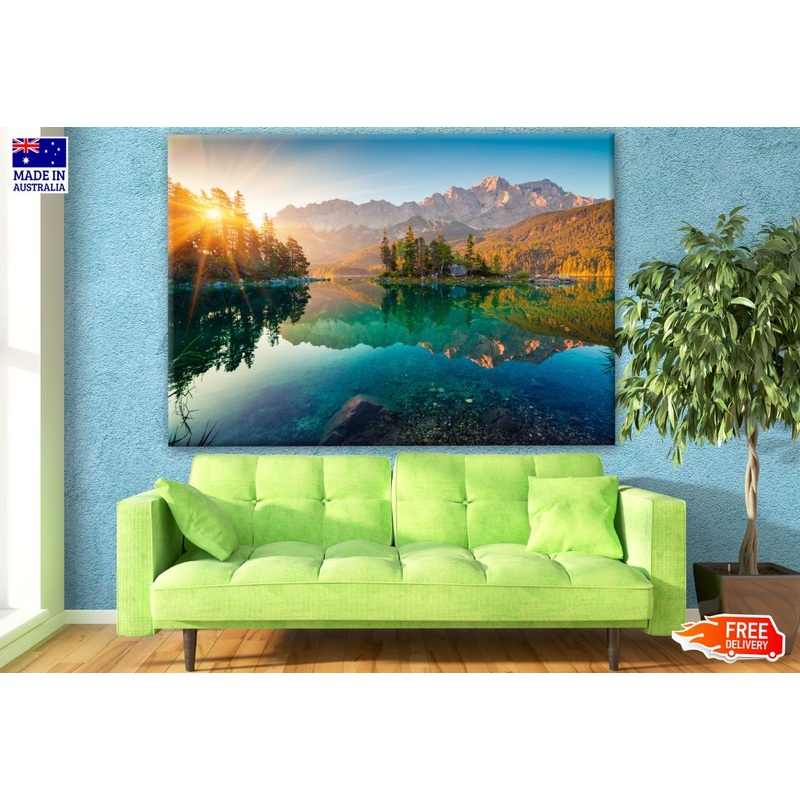 Sunrise View on Eibsee Lake with Zugspitze Mountain Range Photograph Print 100% Australian Made