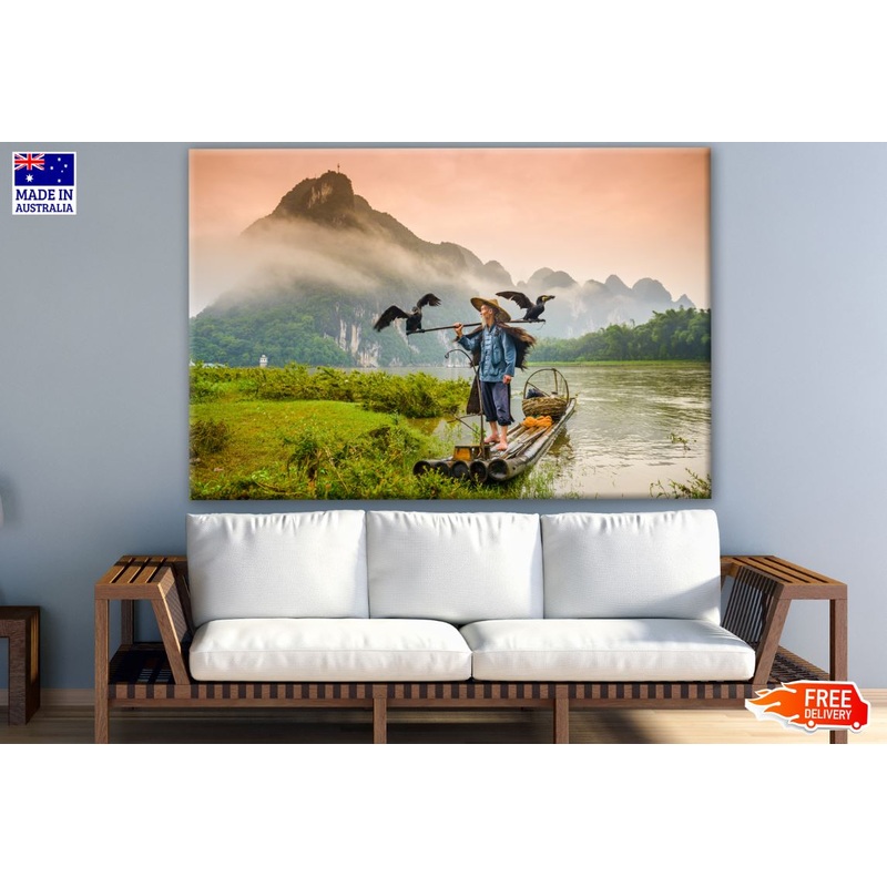Villager in River with Mountain View Scenery Photograph Print 100% Australian Made