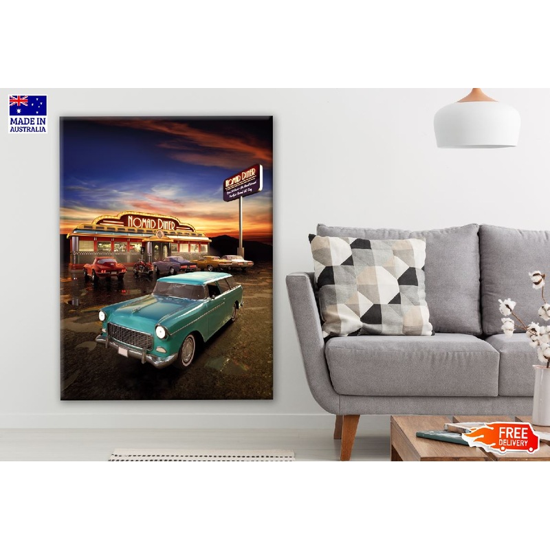 Vintage Cars Parked Near Restaurant Print 100% Australian Made