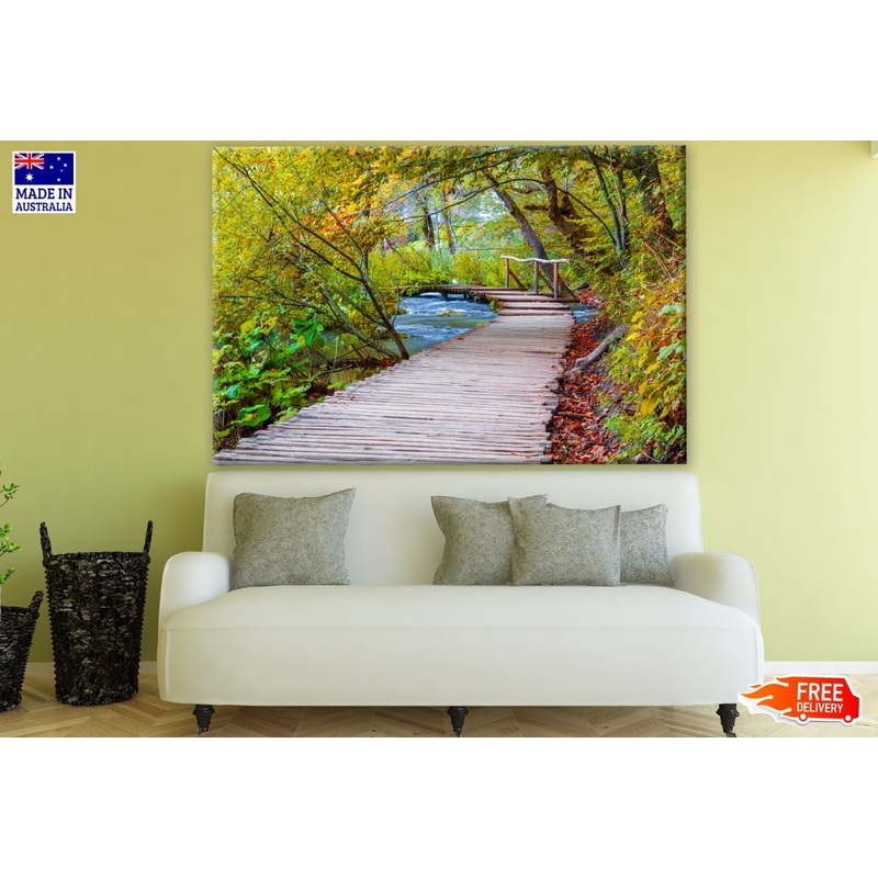 Wooden Pathway Over Water Stream in Forest Photograph Print 100% Australian Made