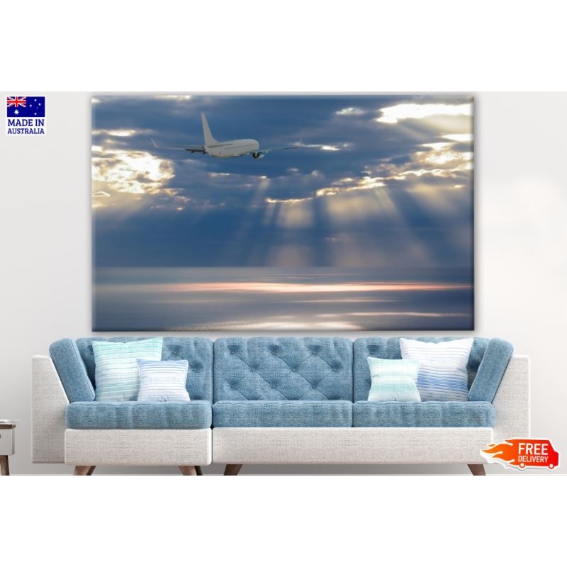 Airplane Flying Over Sea at Sunset Photograph Print 100% Australian Made