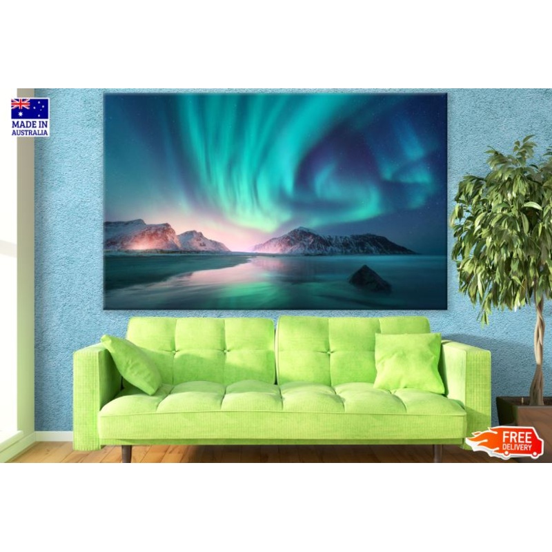 Aurora Over Snow Capped Mountains Photograph Print 100% Australian Made