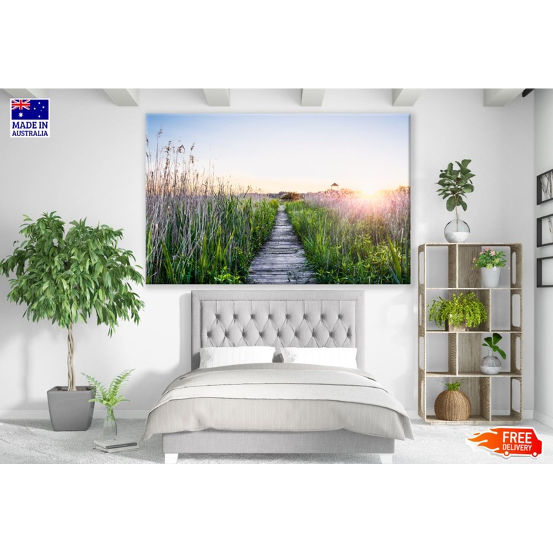 Wooden Foot Path in Grass Sunrise Photograph Print 100% Australian Made