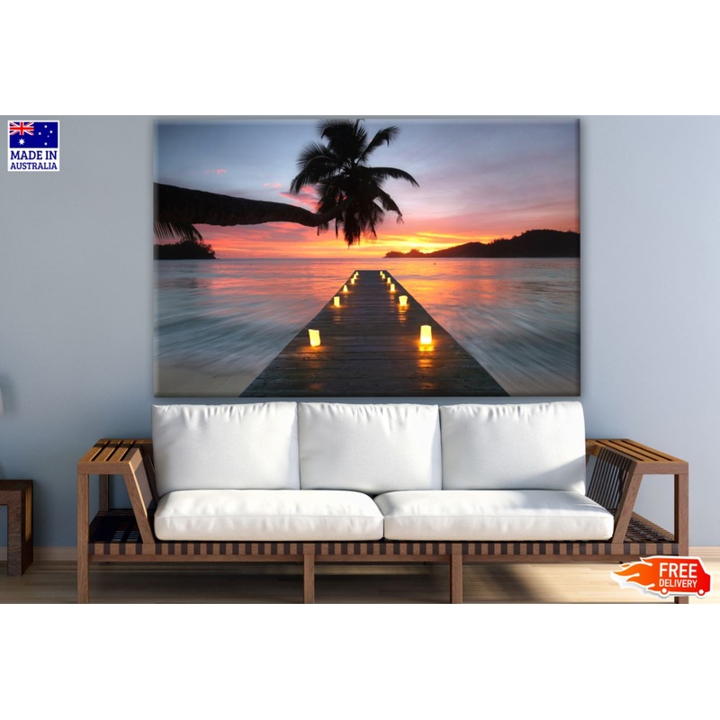 Wooden Pier at Romantic Sunset with Candles Photograph Print 100% Australian Made