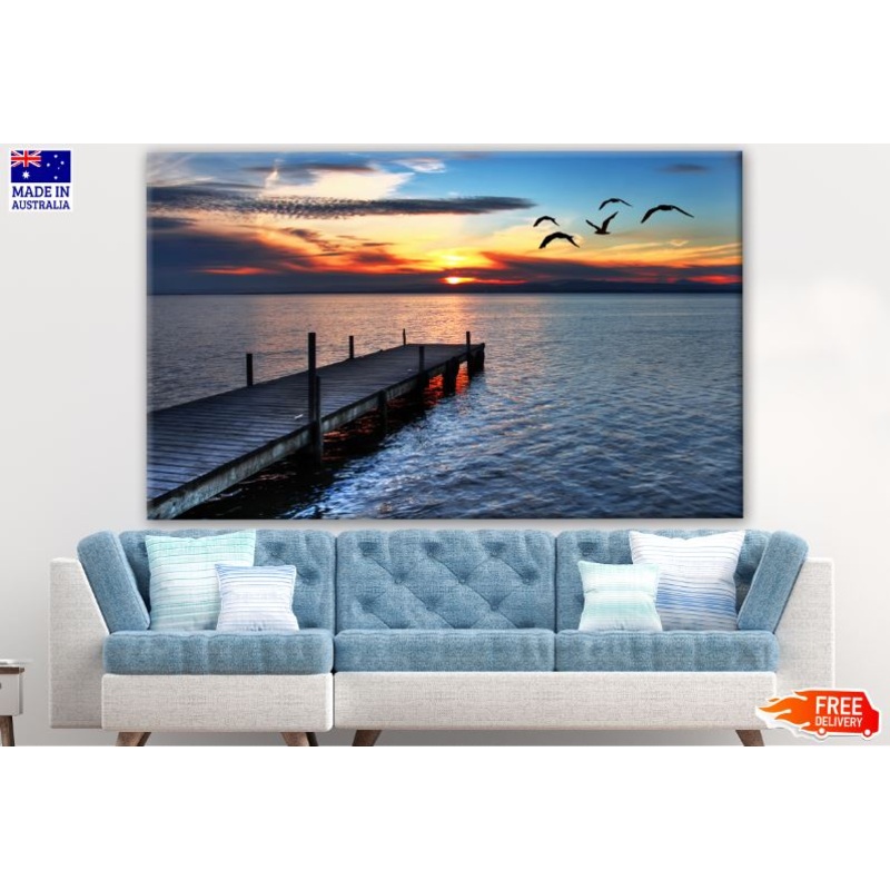 Wooden Pier Over Lake Sunset Scenery Photograph Print 100% Australian Made