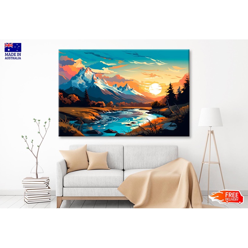Sunset Over Mountain River  Wall Art Decor 100% Australian Made