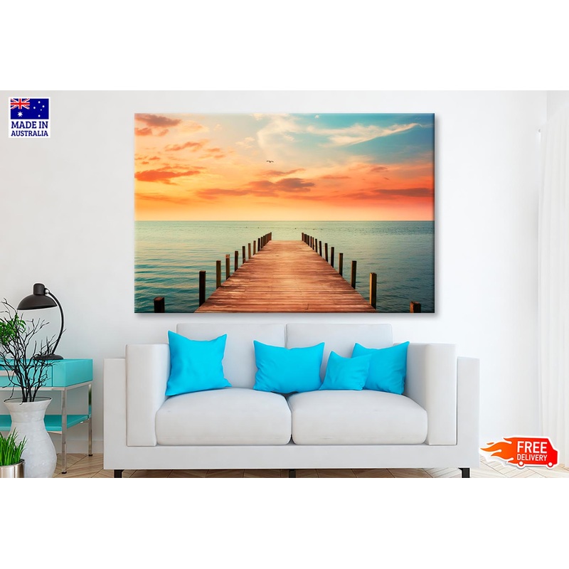 Wooden Pier on Lagoon & Sunset  Wall Art Decor 100% Australian Made
