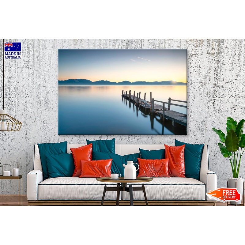 Wooden Pier or Jetty and Lake At Sunrise  Wall Art Decor 100% Australian Made