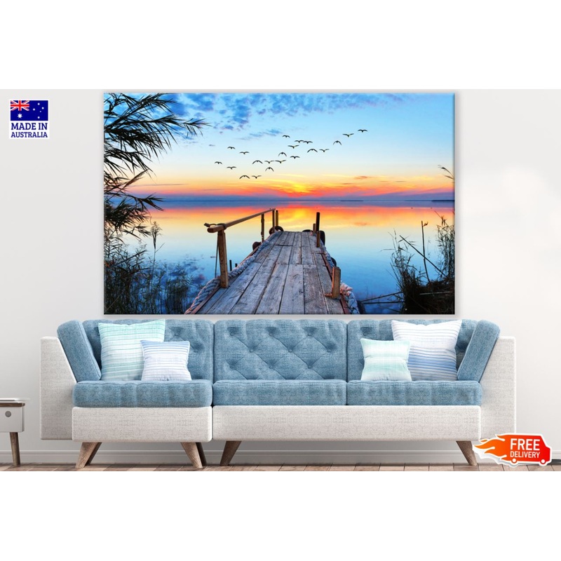 Wooden Pier Over Lake Sunset View Print 100% Australian Made