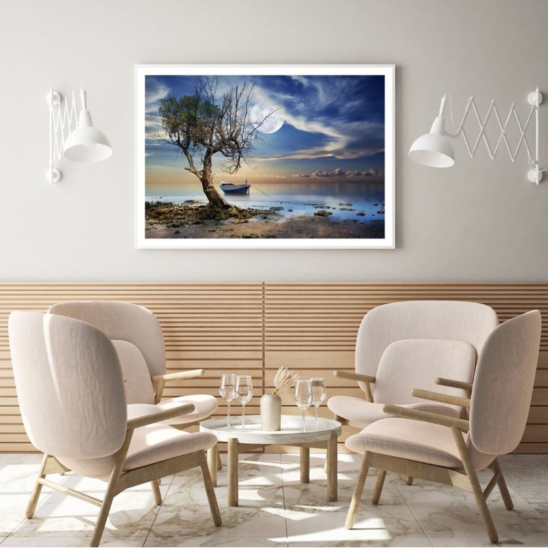 Tree & Boat on Lake Scenery View Photograph Home Decor Premium Quality Poster Print Choose Your Sizes