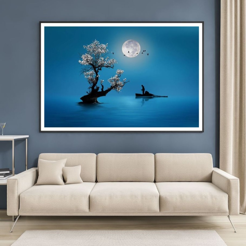 Tree & Fisherman with Boat Lake Home Decor Premium Quality Poster Print Choose Your Sizes