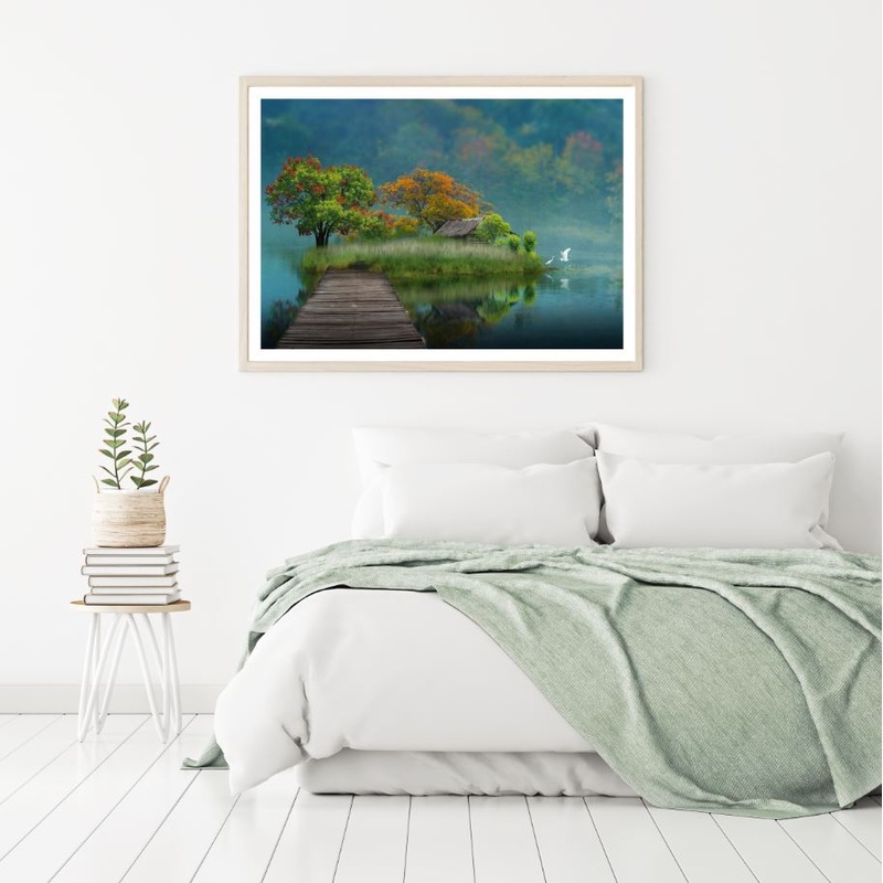 Wooden Pier to Island on Lake Photograph Home Decor Premium Quality Poster Print Choose Your Sizes