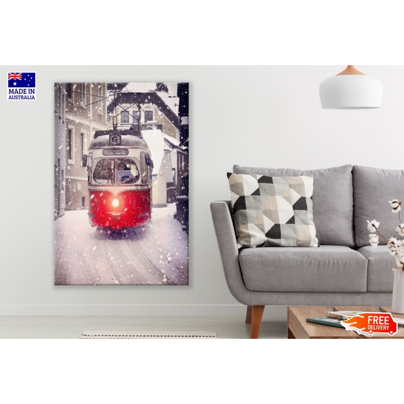 Tram on Snow Covered City View Print 100% Australian Made