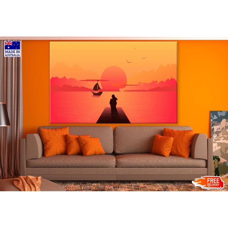 Woman on Wooden Pier Vector Art Print 100% Australian Made