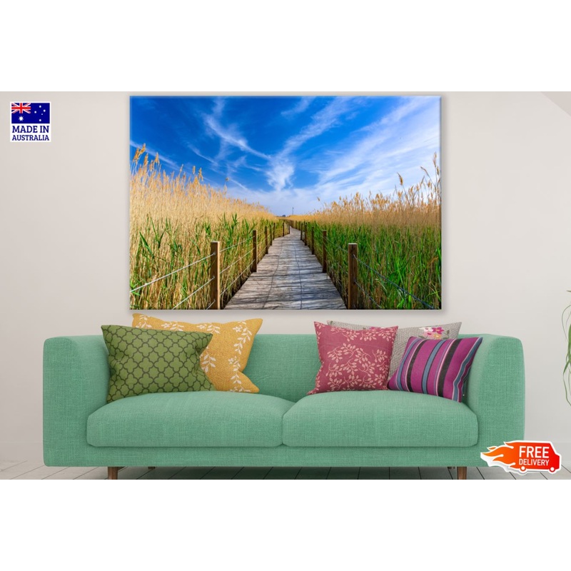 Wooden Foot Path in Grass Field Print 100% Australian Made
