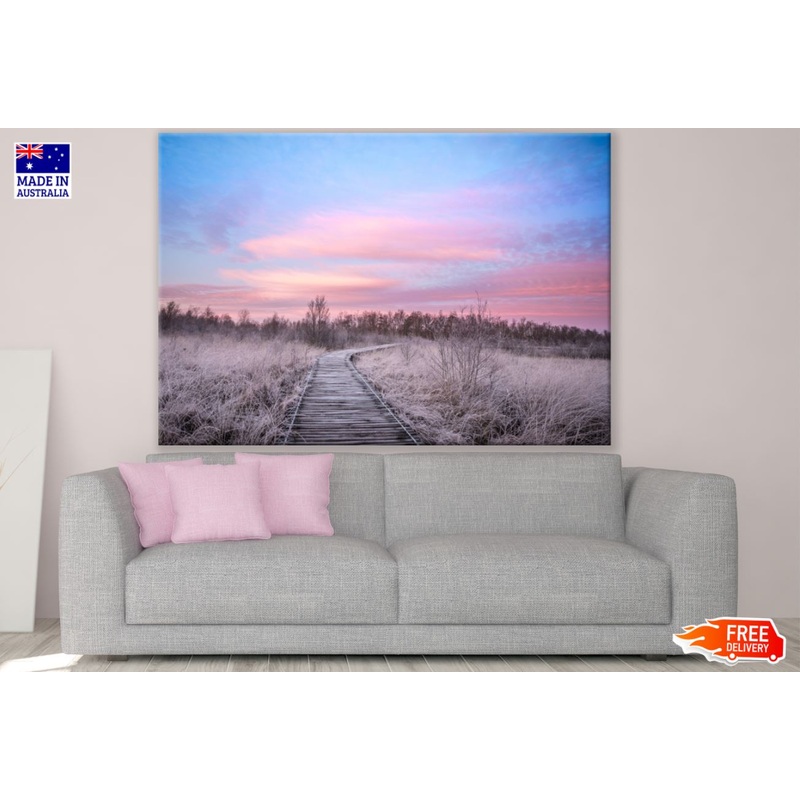 Wooden Foot Path Over Grass Field Print 100% Australian Made