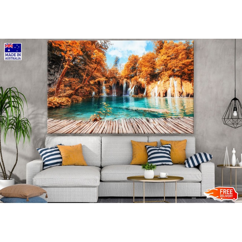 Wooden Pier Near Waterfall View Print 100% Australian Made