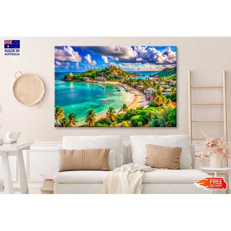 Beach With Palm Trees Wall Art Decor 100% Australian Made