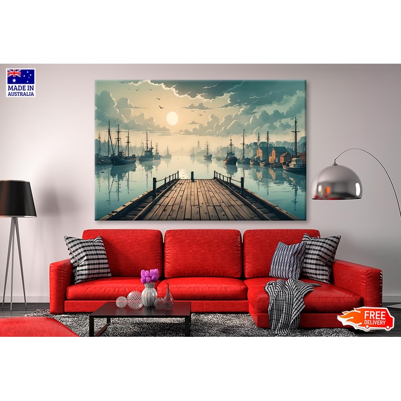 Sunrise Serenity Wooden Pier Fishing at Dawn Wall Art Decor 100% Australian Made